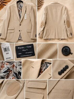 Beige Sport Coat 52R Cream Blazer Floral Lining NWT Paisley & Gray Slim Fit